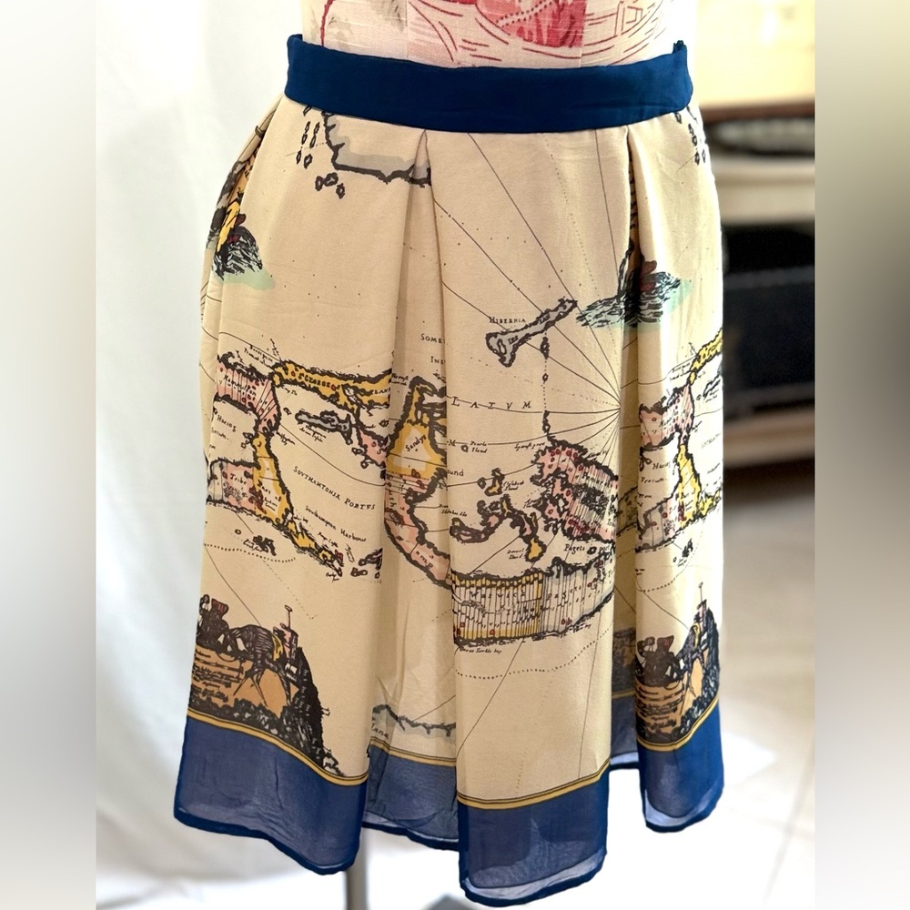 Anna Sui for Anthropologie Vintage Map Of The World A-Line Skirt with Navy Trim